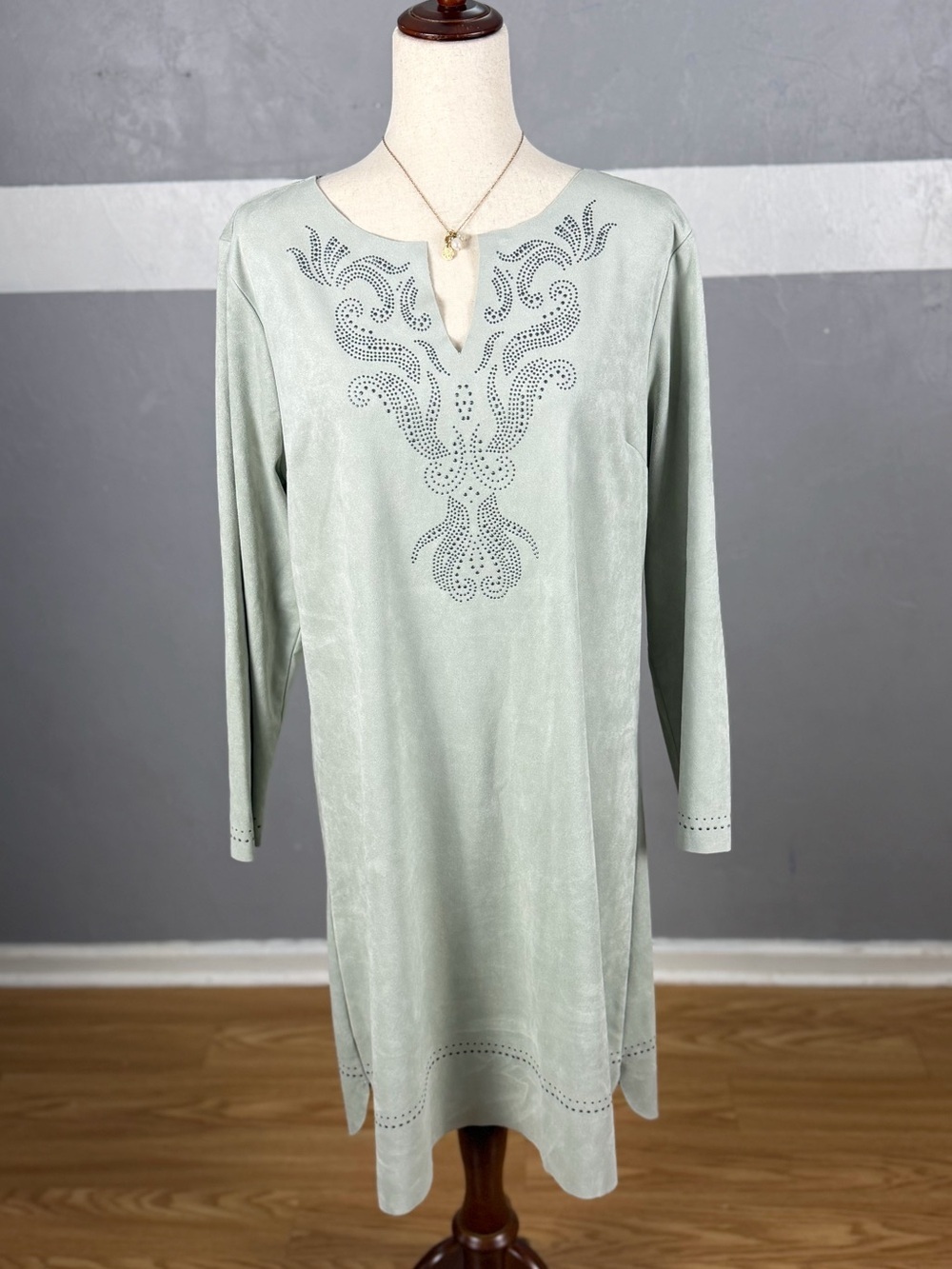 Soft Surroundings Sage Green Ambrosia Dress Faux Suede Embellishments.